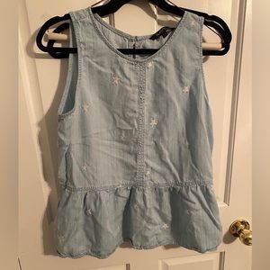 Denim baby doll tank top with star embroidered detail